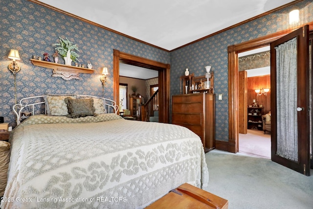 411 Jackson St, Grand Ledge, MI 48837 - bedroom featuring crown molding, carpet, and wallpapered walls