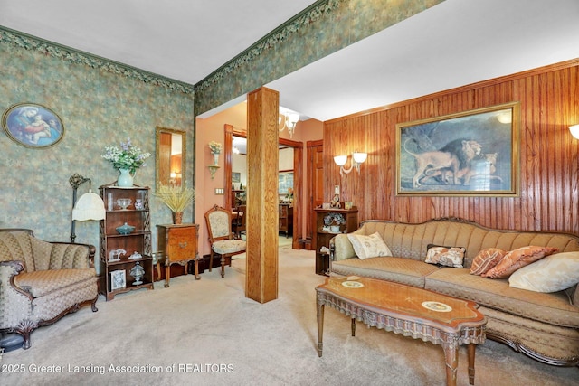 411 Jackson St, Grand Ledge, MI 48837 - living room with carpet flooring, wallpapered walls, and wood walls