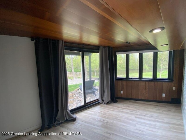 11500 Eden Trl, Eagle, MI 48822 - spare room featuring light wood-style flooring, baseboards, wooden ceiling, and wooden walls