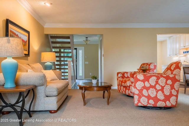 1455 Lakeside Dr, East Lansing, MI 48823 - living room featuring ornamental molding, carpet floors, and baseboards