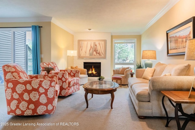 1455 Lakeside Dr, East Lansing, MI 48823 - carpeted living area with crown molding and a brick fireplace