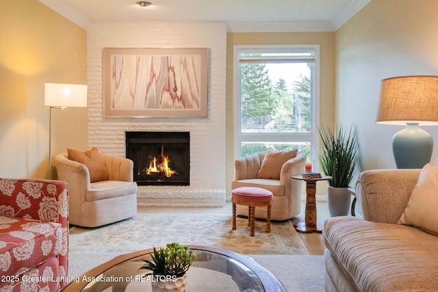1455 Lakeside Dr, East Lansing, MI 48823 - living area with a brick fireplace and crown molding