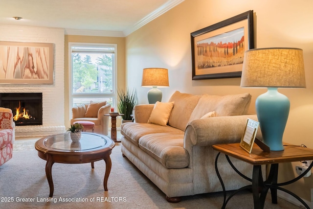 1455 Lakeside Dr, East Lansing, MI 48823 - living area featuring crown molding, a fireplace, and carpet floors