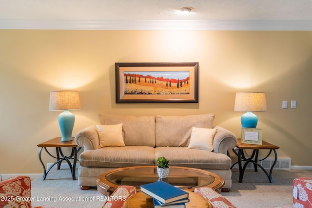 1455 Lakeside Dr, East Lansing, MI 48823 - living room with crown molding, carpet, and baseboards