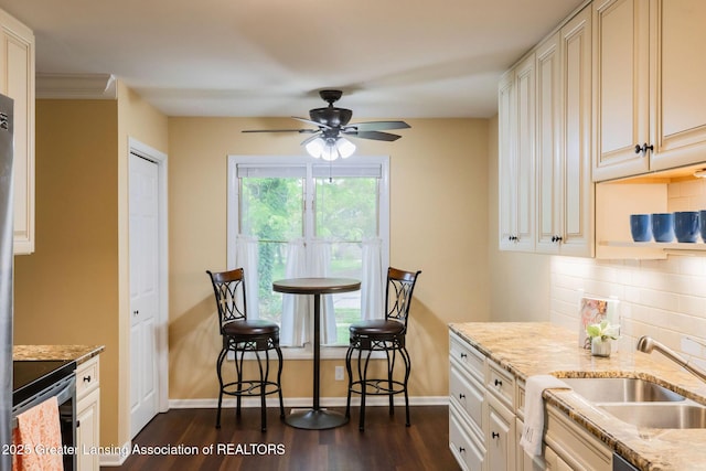 1455 Lakeside Dr, East Lansing, MI 48823 - kitchen with electric stove, a sink, tasteful backsplash, ceiling fan, and dark wood-style flooring