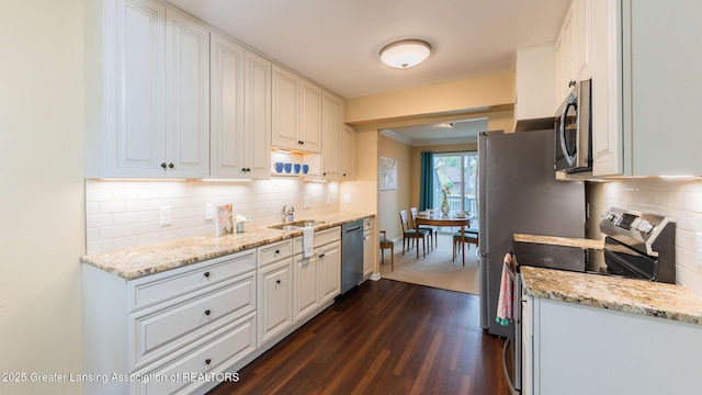 1455 Lakeside Dr, East Lansing, MI 48823 - kitchen with stainless steel appliances, dark wood-style flooring, tasteful backsplash, a sink, and crown molding