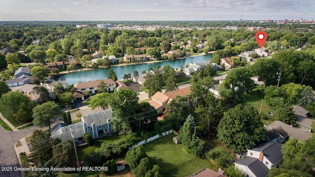 1455 Lakeside Dr, East Lansing, MI 48823 - aerial perspective of suburban area featuring a large body of water