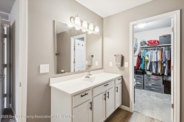 1123 Chesham Ln, Grand Ledge, MI 48837 - bathroom featuring wood finished floors, vanity, baseboards, and a walk in closet