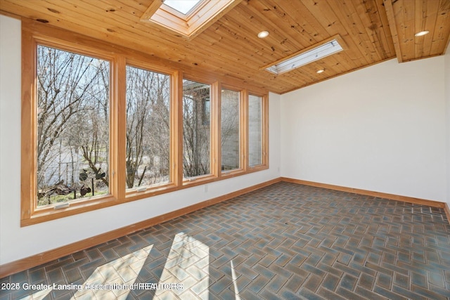 4794 Ardmore Ave, Okemos, MI 48864 - unfurnished sunroom with a skylight, baseboards, wood ceiling, and lofted ceiling