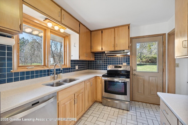 4794 Ardmore Ave, Okemos, MI 48864 - kitchen featuring stainless steel appliances, a sink, exhaust hood, and light countertops