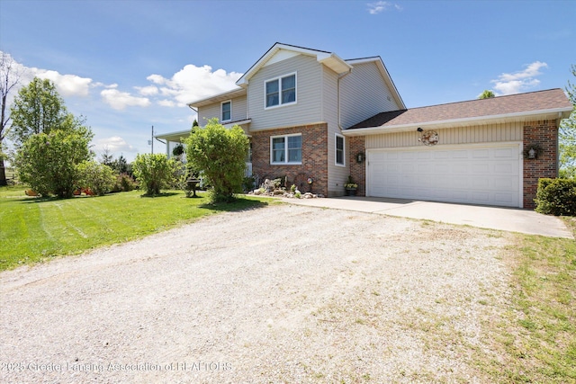 12898 Walker Rd, Leslie, MI 49251 - view of front of house featuring brick siding, concrete driveway, a garage, and a front yard