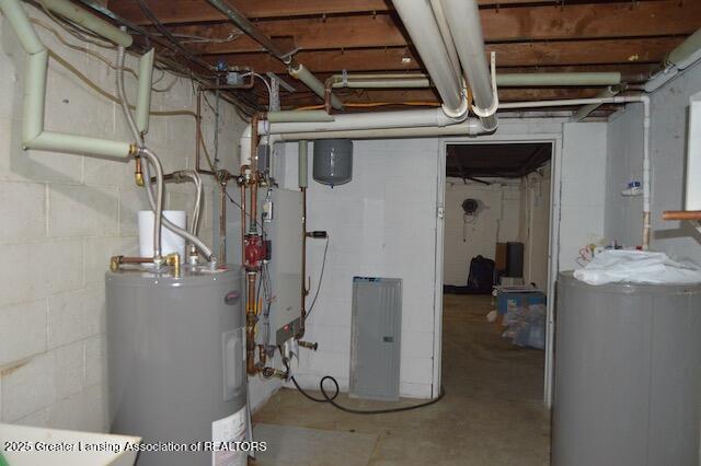 6157 W Stoll Rd, Lansing, MI 48906 - unfinished below grade area featuring water heater, concrete block wall, a water softener, and electric panel
