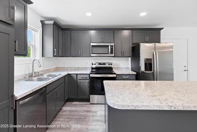 2107 Reo Rd, Lansing, MI 48910 - kitchen featuring stainless steel appliances, a sink, light countertops, light wood-type flooring, and recessed lighting