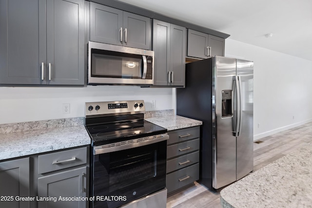 2107 Reo Rd, Lansing, MI 48910 - kitchen featuring appliances with stainless steel finishes, light wood-style floors, baseboards, and gray cabinets