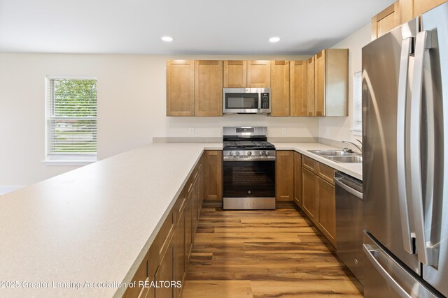 4205 Glenburne Blvd, Lansing, MI 48911 - kitchen with stainless steel appliances, a sink, wood finished floors, light countertops, and recessed lighting