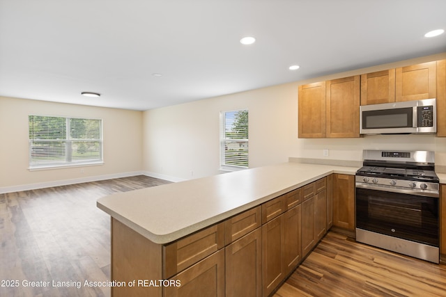 4205 Glenburne Blvd, Lansing, MI 48911 - kitchen featuring appliances with stainless steel finishes, a peninsula, healthy amount of natural light, light wood-type flooring, and recessed lighting