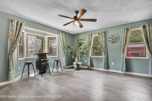 513 E Grand River Rd, Laingsburg, MI 48848 - dining space featuring ceiling fan, wood finished floors, a textured ceiling, and baseboards