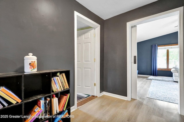 513 E Grand River Rd, Laingsburg, MI 48848 - hallway featuring wood finished floors, baseboards, and vaulted ceiling