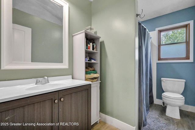 513 E Grand River Rd, Laingsburg, MI 48848 - bathroom featuring wood finished floors, vanity, toilet, baseboards, and curtained shower