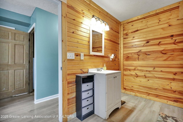 513 E Grand River Rd, Laingsburg, MI 48848 - bathroom with wood finished floors, wooden walls, vanity, and baseboards