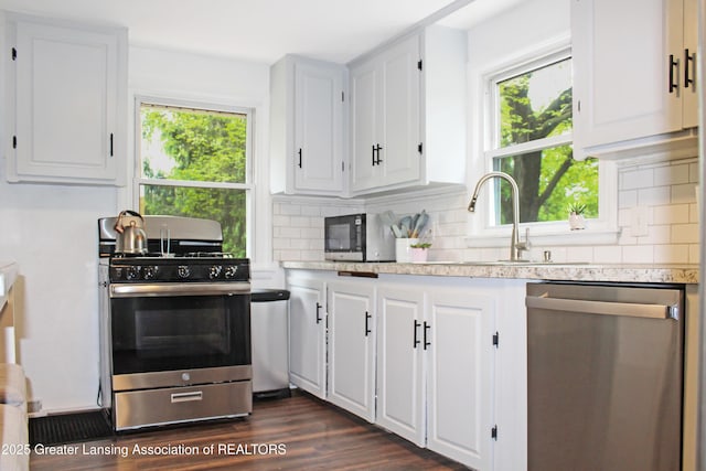 14275 Webster Rd, Bath, MI 48808 - kitchen with stainless steel appliances, light countertops, decorative backsplash, and white cabinetry