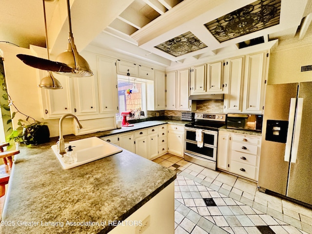 812 Dryer Farm Rd, Lansing, MI 48917 - kitchen with stainless steel appliances, a sink, light tile patterned floors, tasteful backsplash, and under cabinet range hood