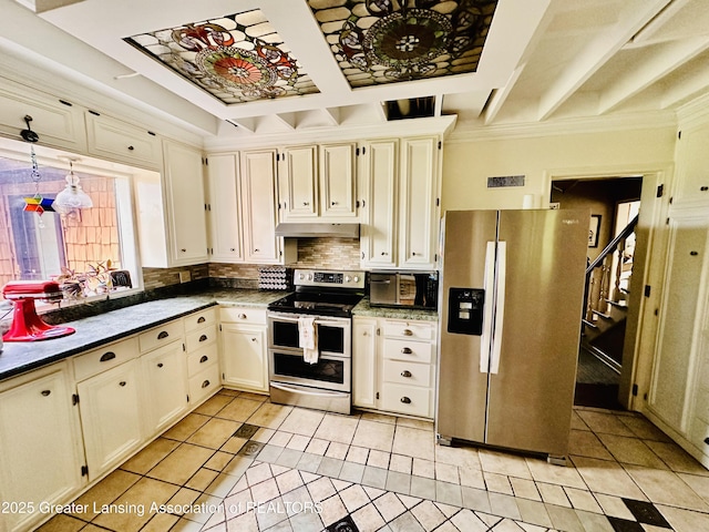 812 Dryer Farm Rd, Lansing, MI 48917 - kitchen with appliances with stainless steel finishes, decorative backsplash, light tile patterned floors, crown molding, and under cabinet range hood