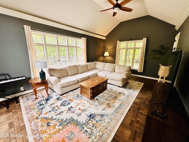 812 Dryer Farm Rd, Lansing, MI 48917 - living room featuring ceiling fan, lofted ceiling, healthy amount of natural light, crown molding, and baseboards