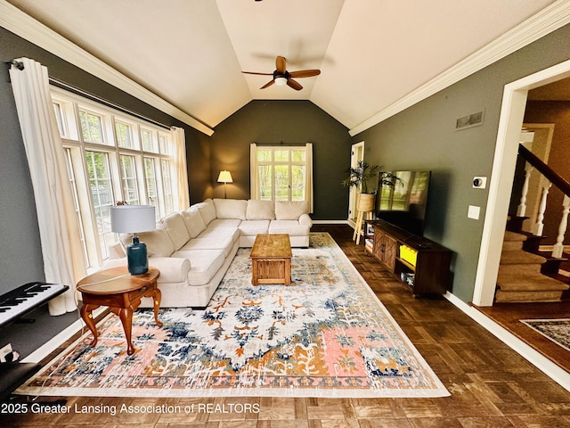 812 Dryer Farm Rd, Lansing, MI 48917 - living area with ceiling fan, lofted ceiling, stairway, baseboards, and ornamental molding