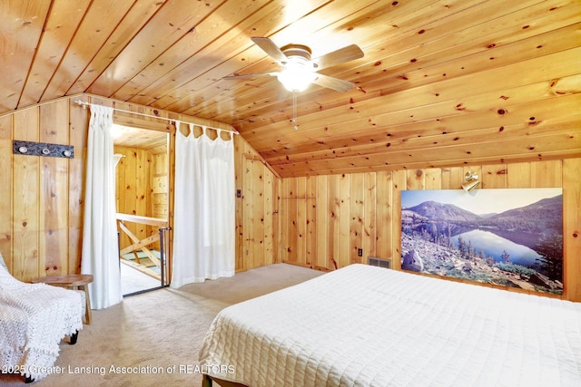 1411 Poxson Ave, Lansing, MI 48910 - bedroom with vaulted ceiling, carpet floors, wood ceiling, wood walls, and a mountain view
