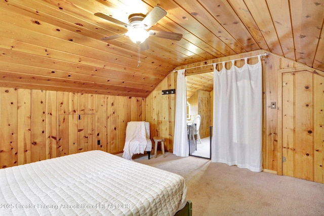 1411 Poxson Ave, Lansing, MI 48910 - carpeted bedroom featuring lofted ceiling, wooden ceiling, wooden walls, and ceiling fan