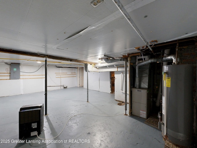 1023 Bement St, Lansing, MI 48912 - unfinished basement featuring water heater, electric panel, and heating unit