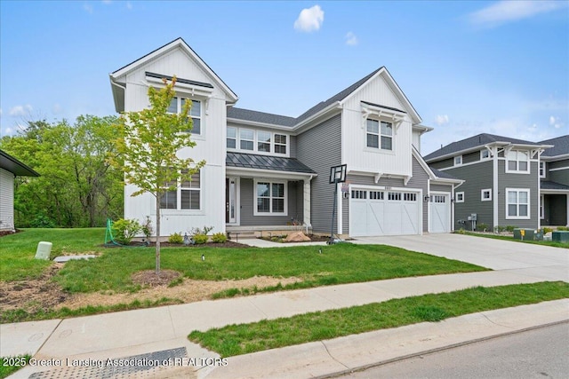 5651 Copper Creek Dr, Haslett, MI 48840 - view of front of property with a standing seam roof, a garage, driveway, a front yard, and metal roof