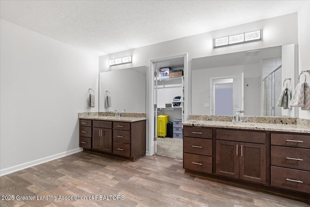 5651 Copper Creek Dr, Haslett, MI 48840 - bathroom with wood finished floors, a stall shower, two vanities, a textured ceiling, and baseboards