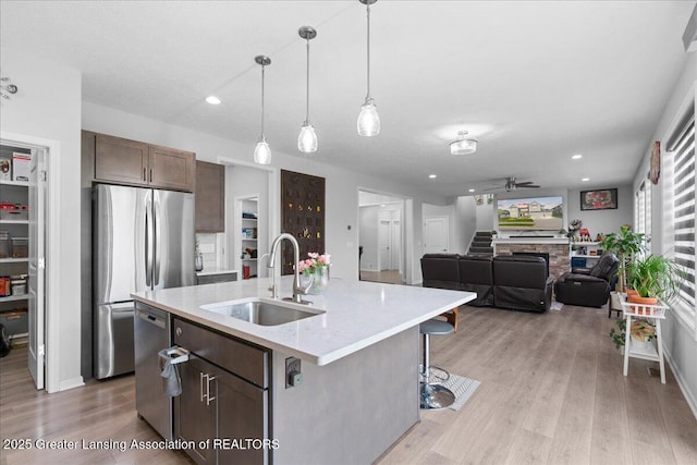 5651 Copper Creek Dr, Haslett, MI 48840 - kitchen featuring a sink, appliances with stainless steel finishes, ceiling fan, light wood finished floors, and decorative light fixtures