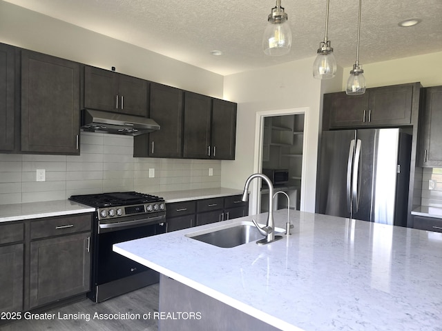 5651 Copper Creek Dr, Haslett, MI 48840 - kitchen with appliances with stainless steel finishes, under cabinet range hood, a textured ceiling, tasteful backsplash, and hanging light fixtures