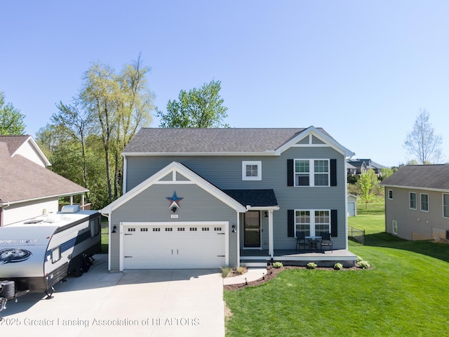 3793 Calypso Rd, Holt, MI 48842 - traditional-style house with concrete driveway, a front lawn, an attached garage, and a wooden deck