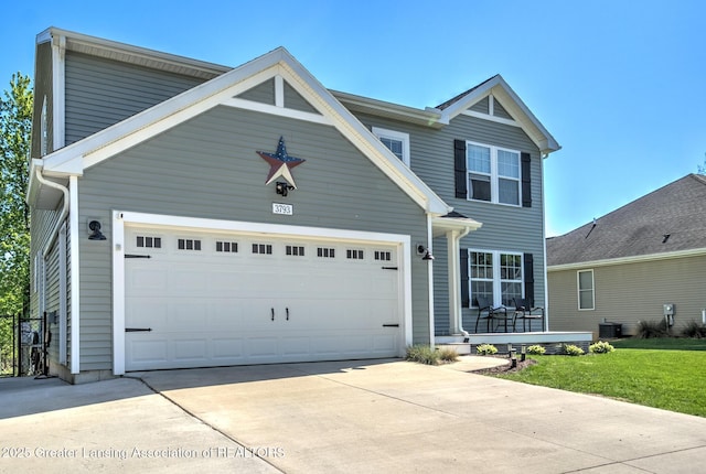 3793 Calypso Rd, Holt, MI 48842 - traditional home with concrete driveway, a porch, an attached garage, central air condition unit, and a front yard