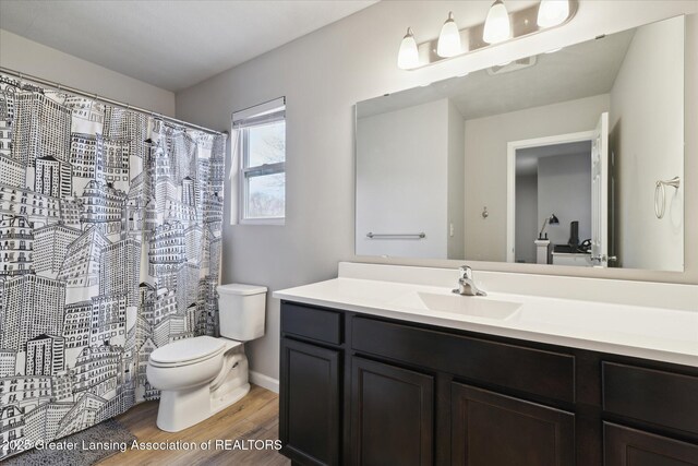 3793 Calypso Rd, Holt, MI 48842 - bathroom with toilet, wood finished floors, vanity, baseboards, and a shower with shower curtain