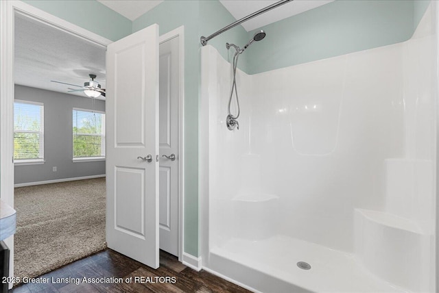 4535 Harper Rd, Holt, MI 48842 - bathroom with a shower, a ceiling fan, and baseboards