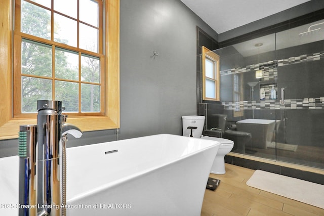 3650 Observatory Ln, Holt, MI 48842 - bathroom with toilet, a shower stall, wood finished floors, and a soaking tub