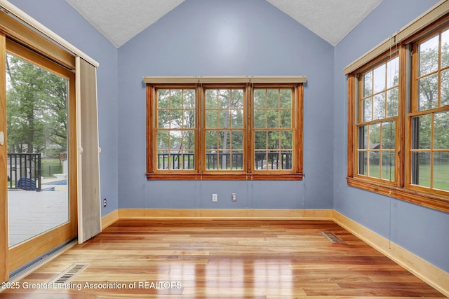 3650 Observatory Ln, Holt, MI 48842 - empty room featuring vaulted ceiling, light wood-style flooring, a textured ceiling, and baseboards
