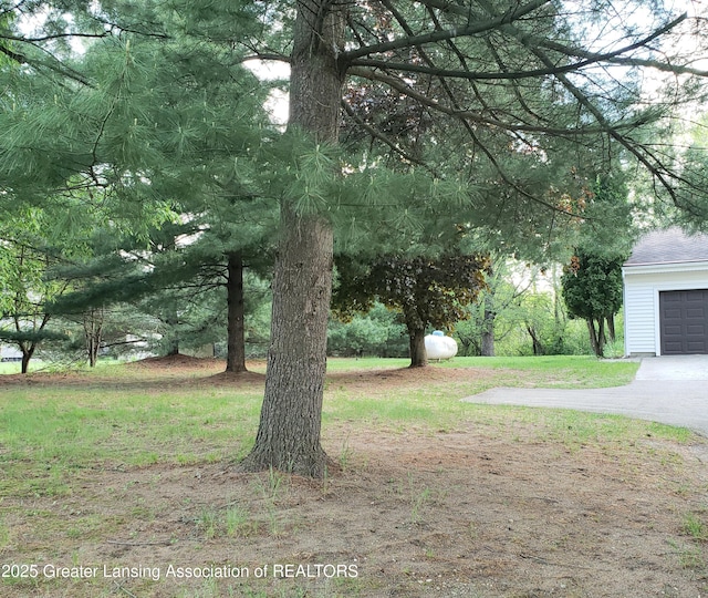 view of yard with a garage