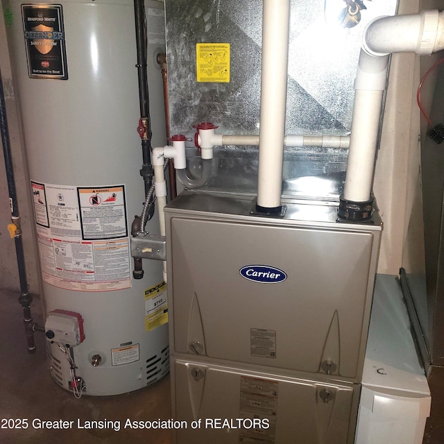 utility room with gas water heater and heating unit
