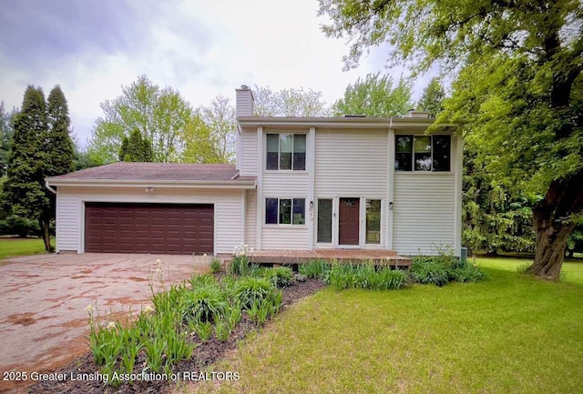 view of front facade featuring an attached garage, a chimney, concrete driveway, and a front yard