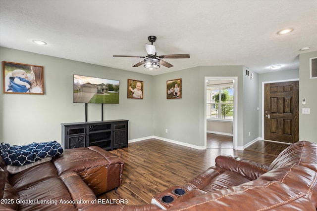 703 Josie Ln, Laingsburg, MI 48848 - living room with wood finished floors, baseboards, ceiling fan, and recessed lighting