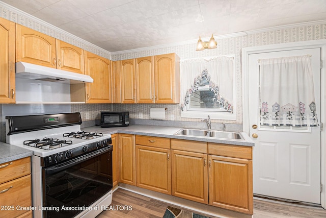 kitchen with gas stove, under cabinet range hood, a sink, black microwave, and wood finished floors