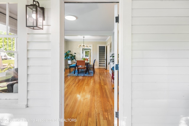 1038 Morgan St, Lansing, MI 48912 - corridor with crown molding, a chandelier, plenty of natural light, and light wood-style floors