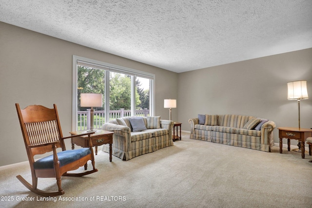 10079 Woodland Acres Dr, Grand Ledge, MI 48837 - carpeted living area featuring a textured ceiling and baseboards
