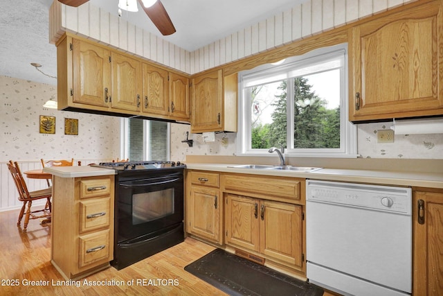 10079 Woodland Acres Dr, Grand Ledge, MI 48837 - kitchen with dishwasher, wallpapered walls, black range with gas cooktop, a sink, and light wood-type flooring